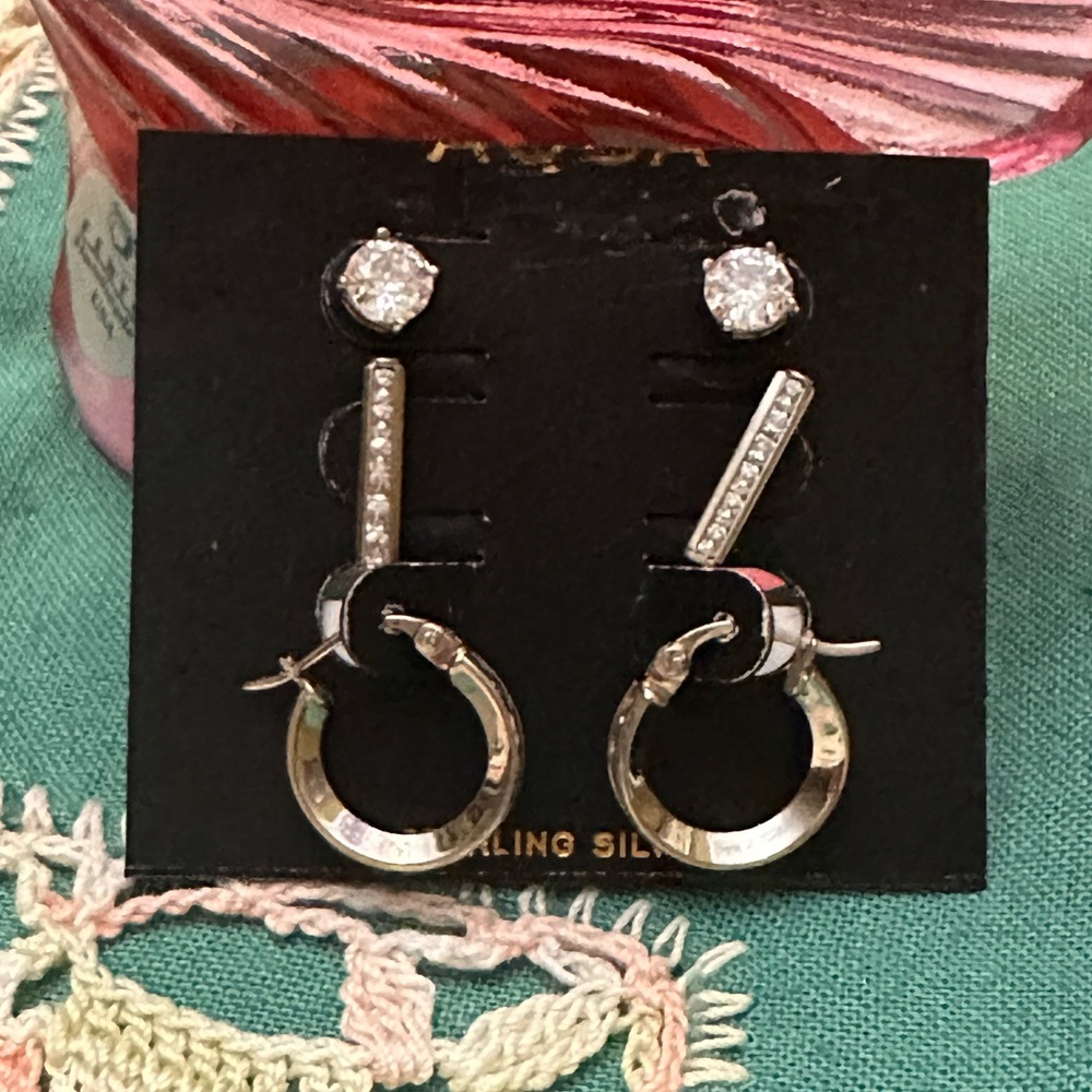 $80 AQUA 3 Pairs Sterling Silver Earrings NWT